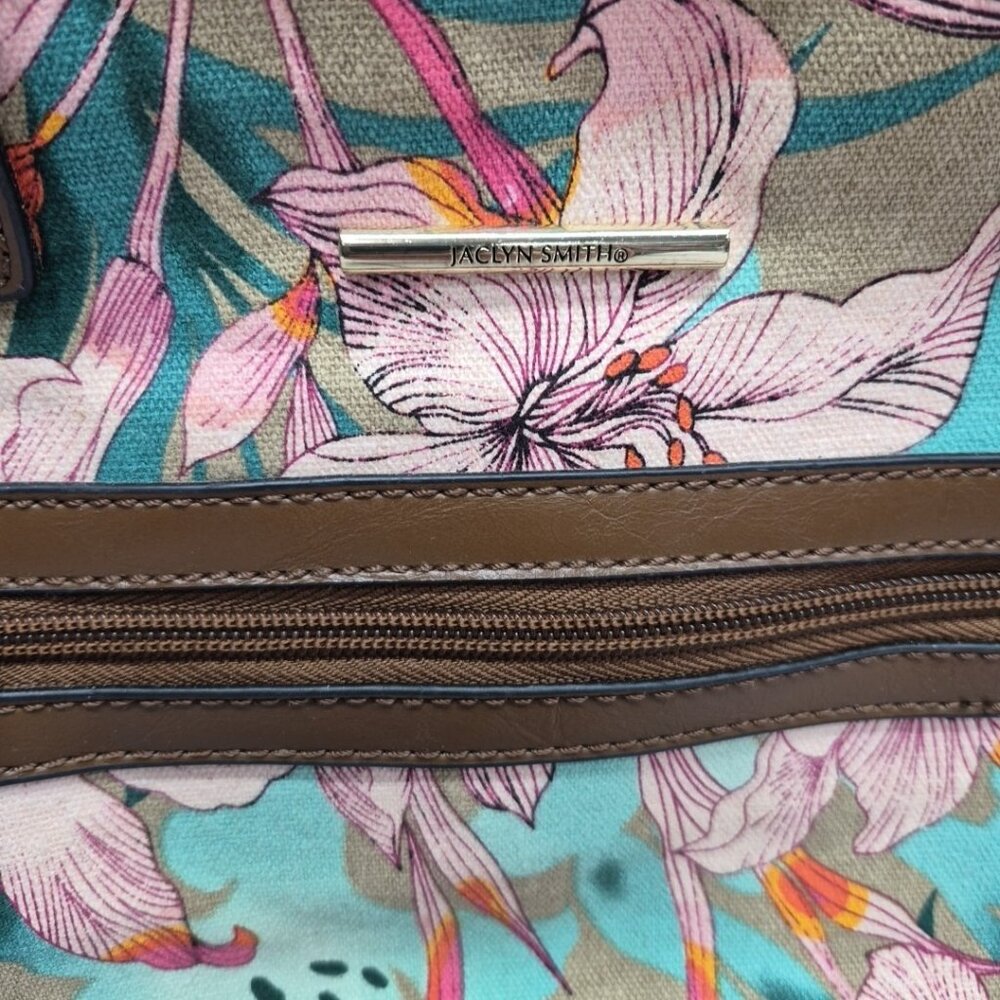 Jaclyn Smith Lily Canvas Handbag Purse Colorful Floral And Brown Pockets - Picture 2 of 10